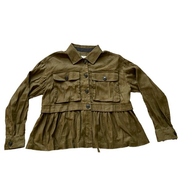 Anthropologie Maeve Utility Flounced Shirt Jacket Top Peplum Cargo Pockets Olive - Picture 2 of 10